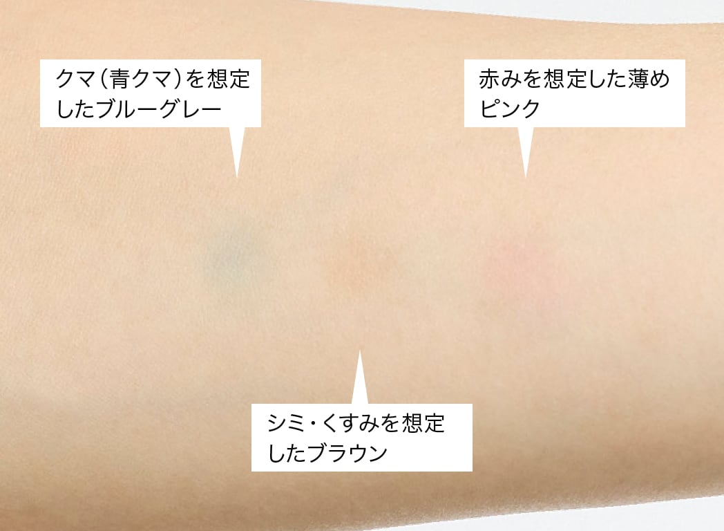 左:クマ(青クマ)を想定したブルーグレー、真ん中:シミ・くすみを想定したブラウン、右:赤みを想定した薄めピンク