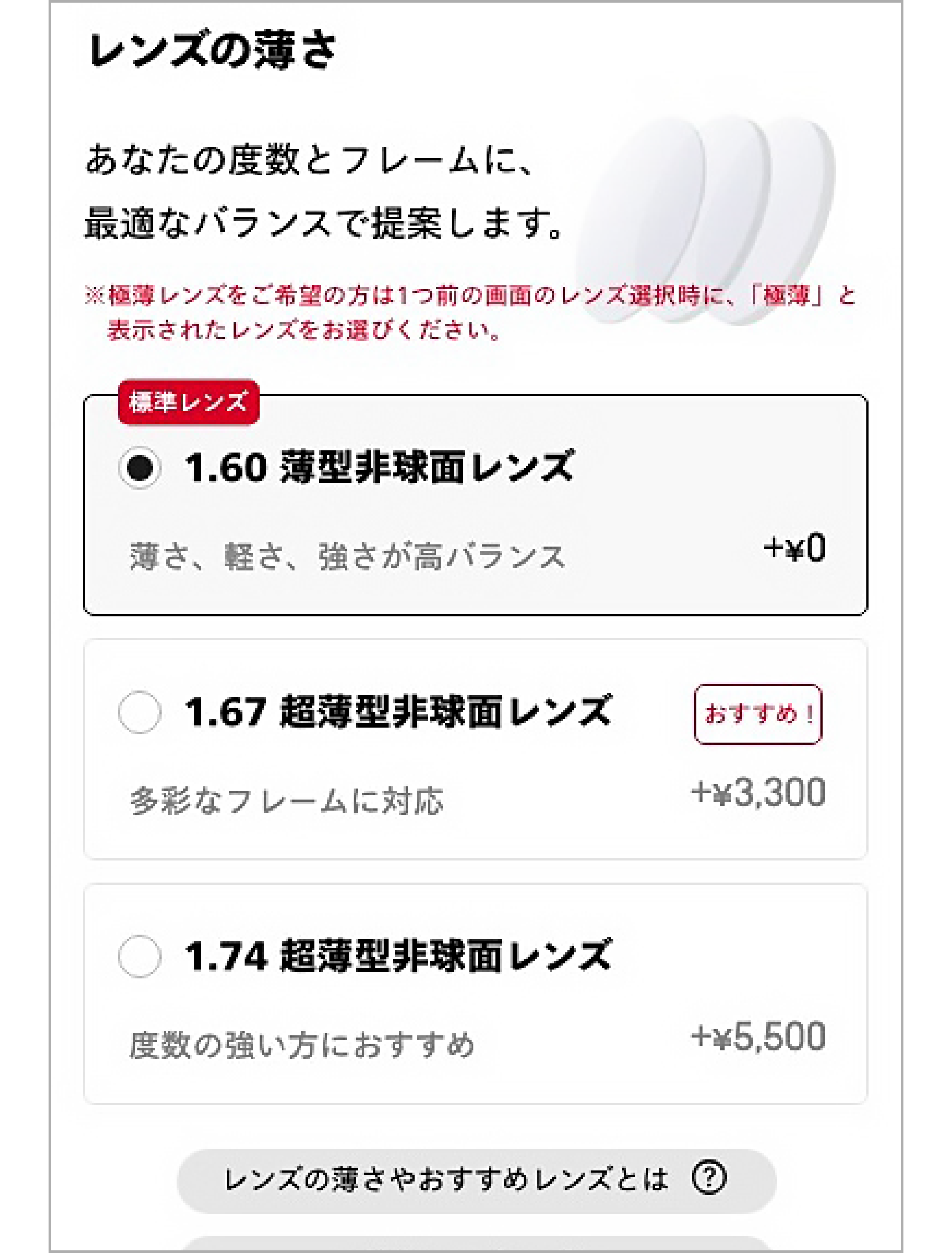 標準レンズの「1.60 薄型非球面レンズ」（＋¥0）を選択。